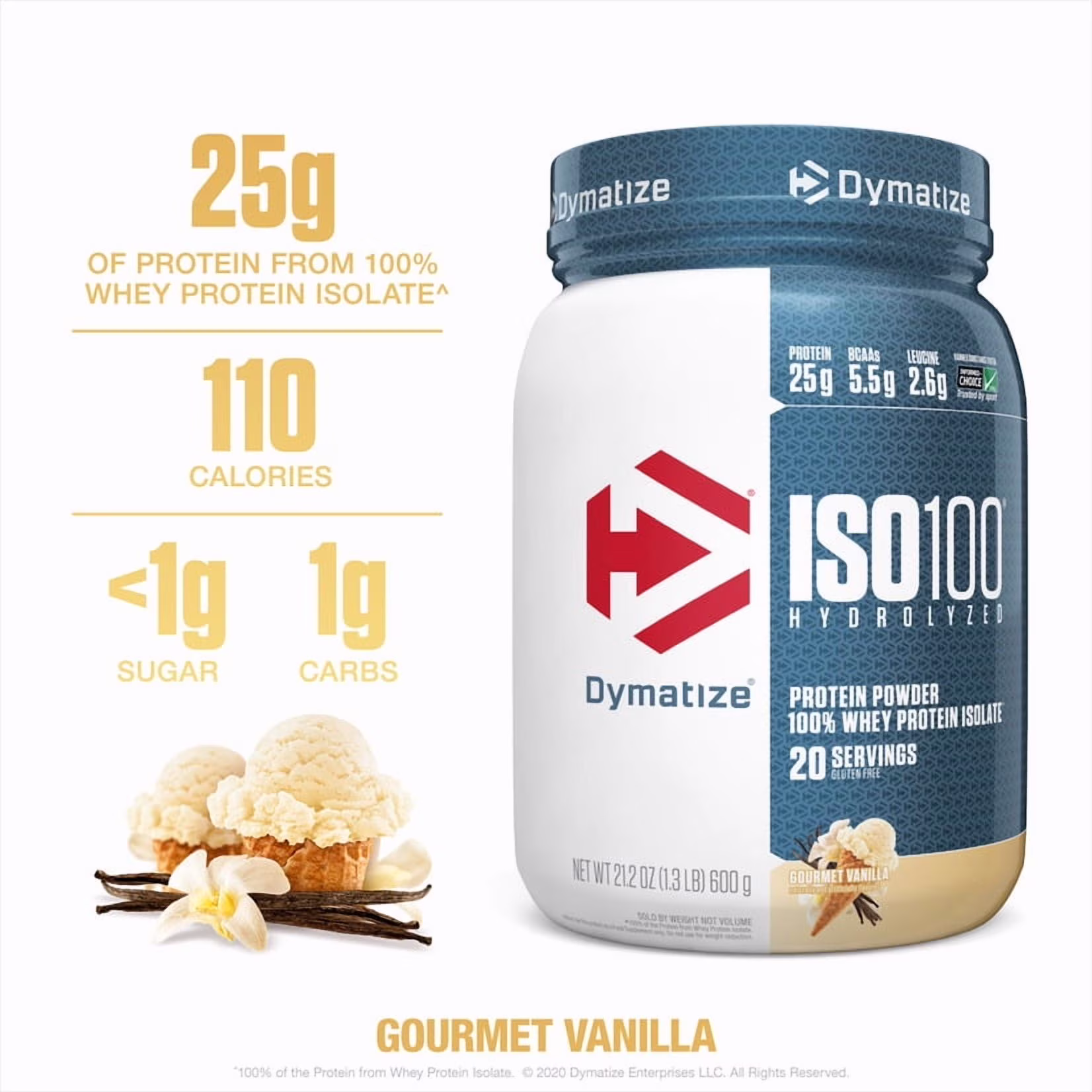 Dymatize ISO100 Hydrolyzed Whey Isolate Protein Powder, Gourmet Vanilla, 20 Servings